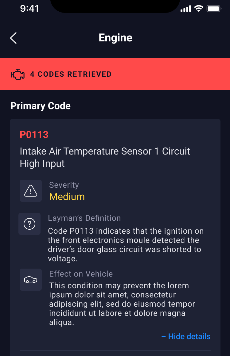 RS2 app showing 4 engine codes retrieved with the primary code P0113 and its most likely fix